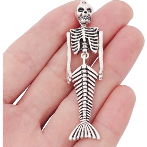 5pcs/lot Tibetan Silver Mermaid Skeleton Skull Charms Pendants for Necklace Jewelry Making 73x18mm