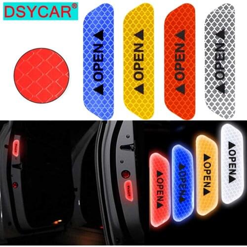DSYCAR 4Pcs/Set Car Door Safety Reflective Tape Open Sign Stickers Alert Decals Night Self-adhesive Warning Mark