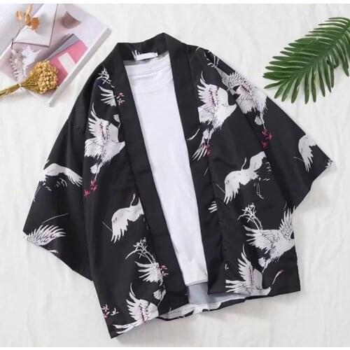 Oversize Vintage Casual Men Flying Crane Front Open 3/4 Sleeve Kimono Cardigan Yukata Coat Shirt Summer Casual Handsome Shirt