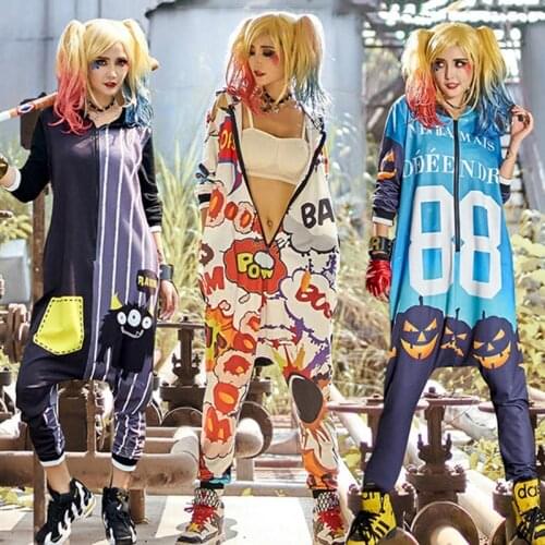 Autumn Winter New Design Long Sleeve Jumpsuit Harajuku Student Cartoon Printed Overalls Street Wear Patchwork Hooded Bodysuit