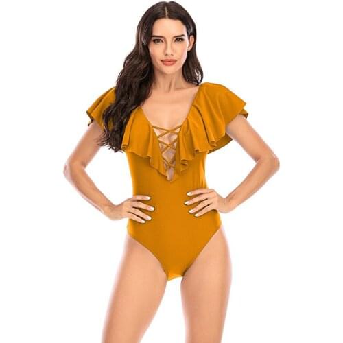 Korean Version of The New Bikini Swimsuit Ruffled V-neck Solid Color Swimsuit European and American Sexy Halter Straps