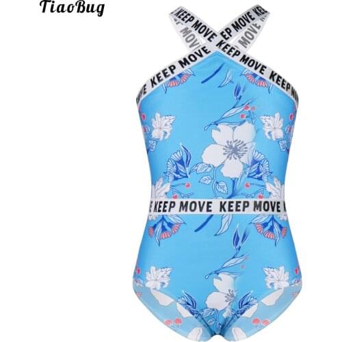 TiaoBug Summer Kids Girls One-Piece Swimwear Leotard Bodysuit Sleeveless X Shaped Front And Back Letter FLowers Print Swimsuit