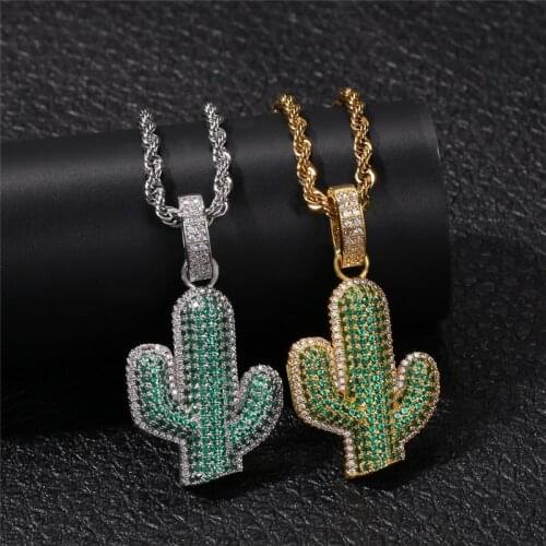 Iced Out Cactus Pendant Necklace New Arrival AAA Zircon 2 Colors Mens Charms Necklace Fashion Plant Hip Hop Jewelry