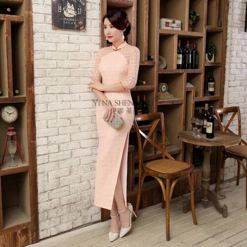 Autumn New Long Lace Cheongsam Half Sleeves Split Long Slim Cheongsam Novelty Sexy Lace Elegant Qipao Traditional Dress Chinese