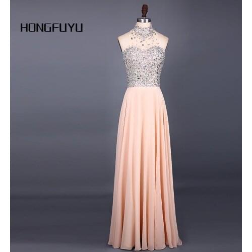 Real Sample Chiffon Sleeveless High Neck Long Prom Dresses 2017 A Line Floor Length Beading Open Back Prom Dress HFY60605