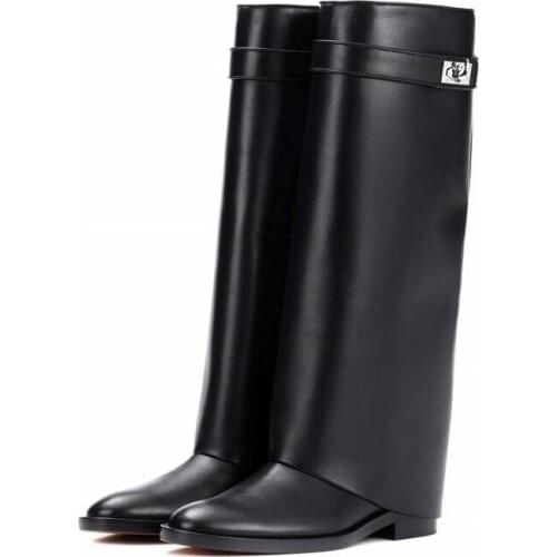 Genuine Leather Black Shark Lock Boot Silver Buckle Pointed Toe Flat Women Boots Knee High Ladies Winter Long Boot Ridding Boot