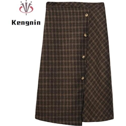Loose Oversized Womens Skirts 2021 New Autumn Winter Ladies Skirt Vintage Plaid Button Design Asymmetrical Female Skirts KE1736