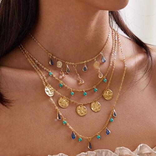 Tocona Bohemian Beaded Crystal Stoen Wafer Tassel Pendant Necklace for Women Multi-layer Alloy Metal Geoemtry Jewelry Collar9951