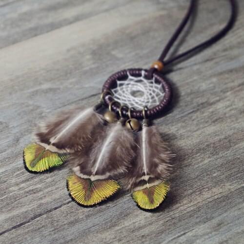 Vintage peacock feather bell long tassel design sweater necklace Dream Catcher