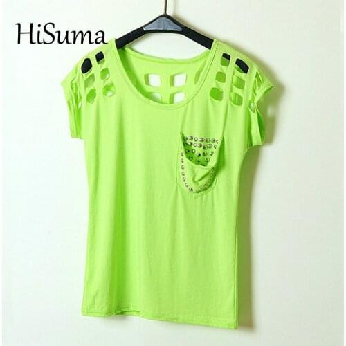 2020 Summer New Womens European Style Rivets Pocket Round Neck Sleeve hip-hop cotton T-shirts Female tees Women fairy T-shirt