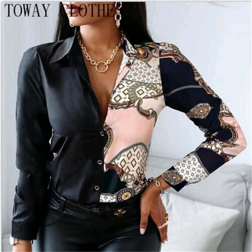Women Turn-down Collar Scarf Chain Print Button Design Shirt Long Sleeve Elegant Chic Blouse Top