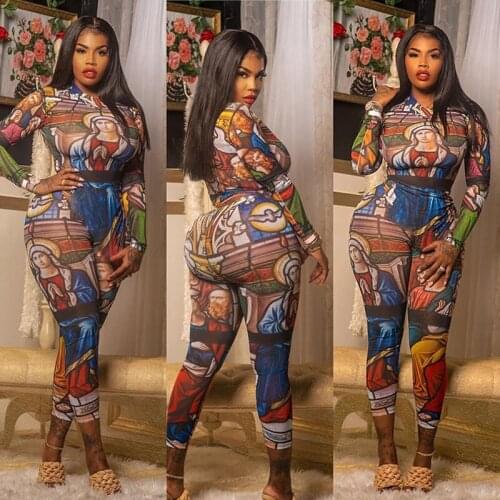 Womens Winter Jumpsuit Bohemian Style Sexy Mesh Sheer Printed Perspective Round Collar Zipper Jumpsuit