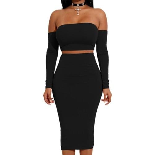 Women Solid Color Clothes Long Sleeve Pencil Skirt Suit Fashion Boat Neck One Word Collar Backless Lace up Top High-waist Skirts