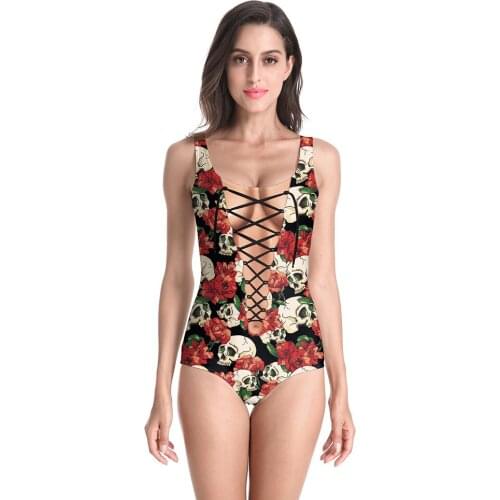 New Summer Sexy Skull Rose 3D Prints Backless Elastic Fitness Women Girl One Piece Bathing Suits Bodysuits Beach Swimsuits