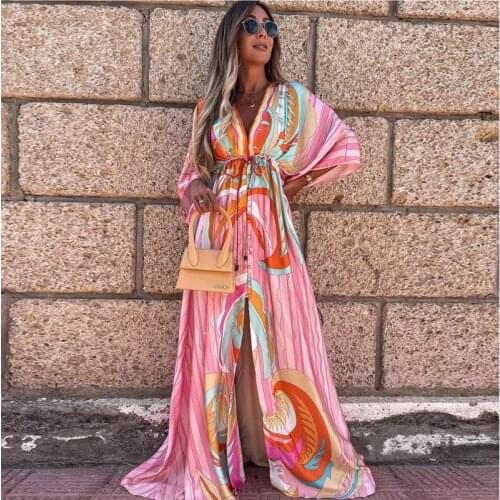 Bohemian Print Long Dress Summer 2021 V-Neck Long Batwing Sleeve Loose Split Dresses for Women Sexy Plus Size Dress Vestidos