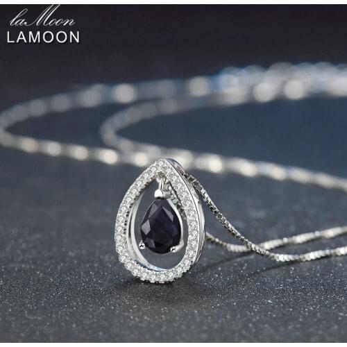 LAMOON 925 Sterling Silver Necklace For Women Sapphire Gemstone Pendant Necklace Teardrop 18K White Gold Fine Jewelry LMNI059