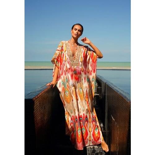 V Neck Kaftan Floral Printed Robe Longue Women Kaftan Beach Dress Sarong Bikini Cover Up Tunic Dress Pareo Swimsuit Bathing Suit