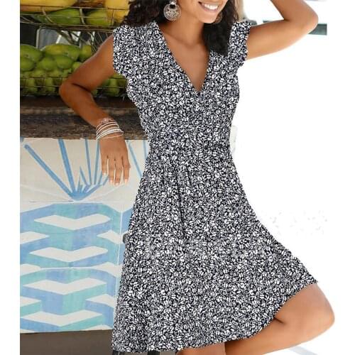 Bohemia Women Dress Fashion Floral Print Sleeveless V-Neck Cross Knee-length Dress Plus Size Beach Holiday Sundress Party Dress