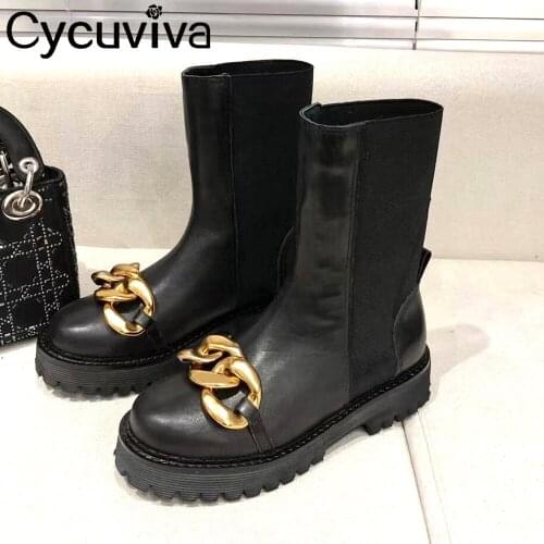 Gold Metal Chain Genuine Leather Chelsea Boots Women Flat Heel Ankle Boots Ladies Motorcycle Short Boots Winter Platform Shoes