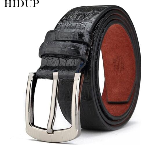 HIDUP 2020 New Fashion Crocodile Pattern Cow Genuine Leather Belts Good Quality Design Pin Buckle Metal Belt Men 3.5cm NWJ427