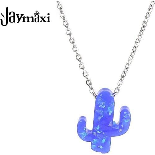 Jaymaxi Opal Cactus Pendants Necklace Stainless Steel Chain Synthetic Plant Chain Necklace for Women 4 Colors 45cm 2Piece/lot