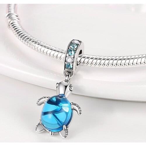 Summer Sterling Silver 925 Murano Glass Sea Turtle Dangle Charms Beads fit Original Pandora Bracelets Women DIY Jewelry
