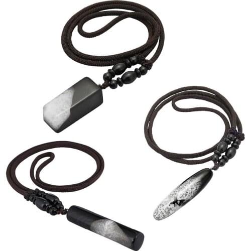 TUMBEELLUWA Natural Black Onyx Pendant Healing Reiki Amulet Necklace Nylon Cord for Women Men