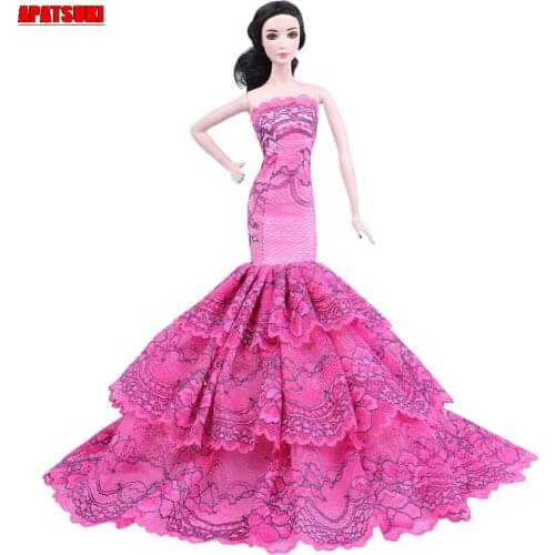 Pink Off-Shoulder Evening Party Gown Outfits for Barbie Doll Clothes Lace Mermaid Dresses for Barbie Kids DIY Toys Gifts