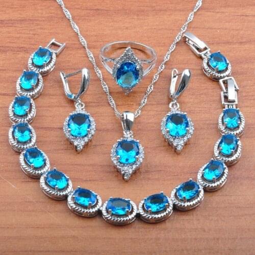 Bridal jewelrySilver Color Jewelry Set Best Gift Sky Blue Zirconia For Women Earrings Necklace Pendant Rings Bracelet JS0515