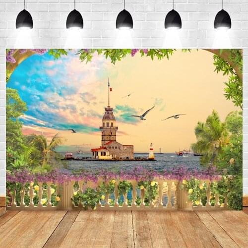 Yeele Sunset Blue Sky Golden Clouds Green Trees Railing Sea Ships Background Photophone Photography for Decor Customized Size