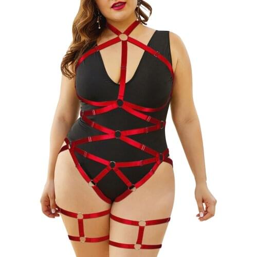 Plus Size Plump Women Garter Belt Hollow Out Halter Erotic Bodysuit Bondage Sexy Ladies Goth Full Body Harness Lingerie Set BDSM