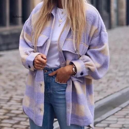 Women Spring Fashion Warm Cotton Long Jacket Female Casual Purple Plaid Long Outwear Chic Lady Single Breasted Shirts