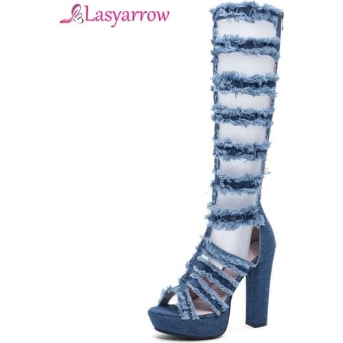 Lasyarrow 2019 Women Sandals Rough Heel Denim Peep Toe Zipper Summer Fashion Roman High-heeled Gladiator Sandals Size 33-43 J756