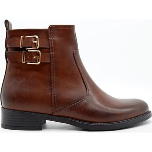 Women casual vintage brown leather metal buckles contracted temperament round head cylinder Martin boots thick short boots