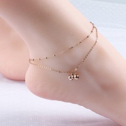 Summer Anklet Bracelet for Women 2 Bells 2-layer Tassle Titanium Steel Rose Gold Color Foot Chain Fashion Charm Jewelry(GA127)