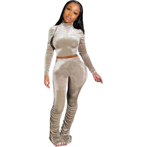 STYLISH LADY Velvet Ruched 2 Piece Set Women Long Sleeve Turtleneck Crop Sweatshirt and Pant Suit 2020 Autumn Sporty Outfits