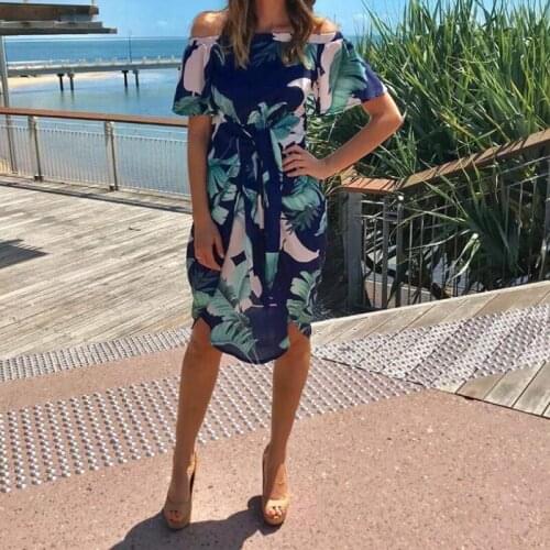 Summer Beach Sexy Party Night Club Women Dress Irregular Slash Neck Leaf Print Split Hem Personality Ladies Mid-Calf Dresses