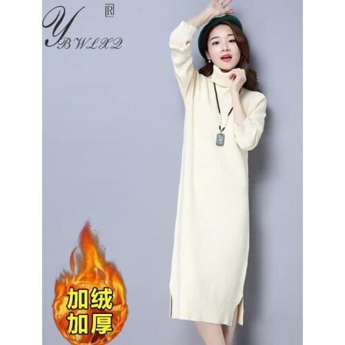 Winter Thicken Warm Long Sleeve Turtleneck Pullover Midi Sweater Dress Women Basic Fashion Casual Soft Knitted Dress Clothing