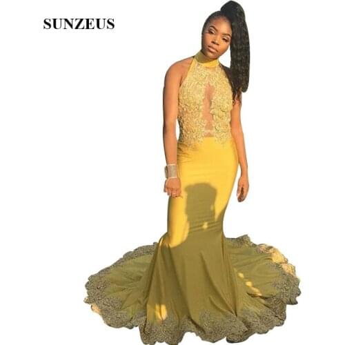 Gold Prom Dresses 2019 Halter Neck Low Back Mermaid Black Girls Party Gowns With Appliques Lace Vestido De Festa Longo