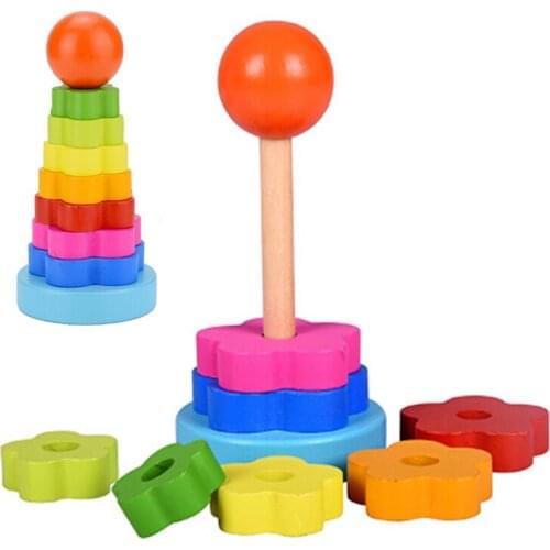 1Set Kids Toy Wooden Puzzle Stacking Ring Tower Educational Toys Rainbow Stack Up Puzzle