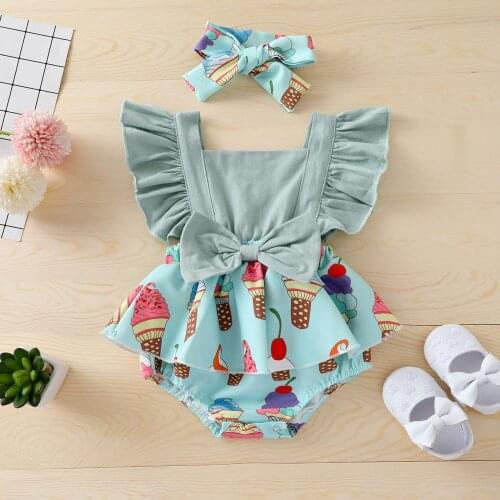 2Pcs Baby Summer Outfit Ice Cream Print Square Neck Ruffled-Sleeve Romper + Hairband for Toddler Girls 0-24 Months