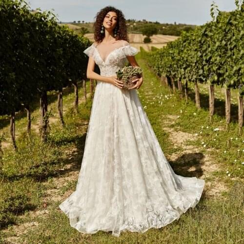 2020 Thinyfull Elegant Cap Sleeve Wedding Dresses Sheer Scoop Neck A Line Bride Dresses Tulle Lace Appliques Button Bridal Gown