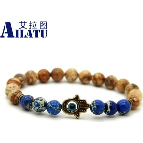 Ailatu Muslim Religion Charm Fatima Hand Jewelry Natural Blue Sea Sediment Stone Antique Bronze Hamsa Protection Bracelet