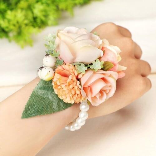 Korean Style Wrist Flower Bracelet Bridesmaid Bride Wrist Flowers Artificial Rose Fake Pearl Bracelets Wedding Supplies