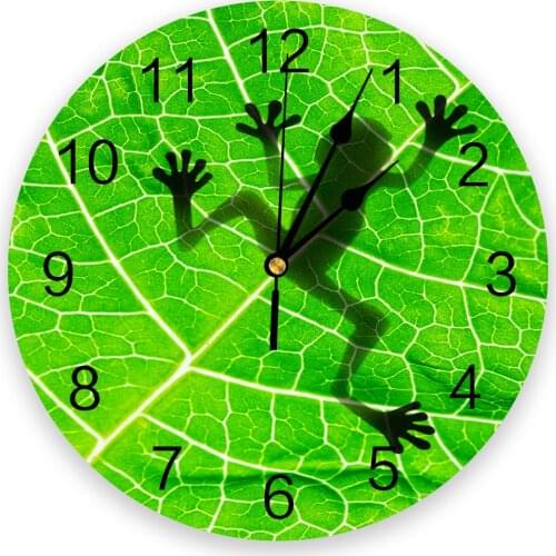Frog Shadow Leaf Plant Green Round Wall Clock Creative Home Decor Living Room Quartz Needle Wall Clocks Hanging Watch