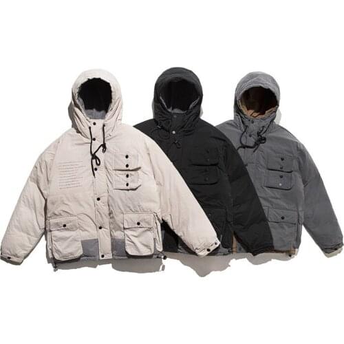 Winter new Japanese pocket decoration casual hooded cotton coat men color matching trend coat jacket men