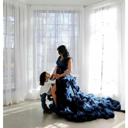 Cheap Ruffles Tulle Navy Women Winter Sexy Kimono Pregnant Party Sleepwear Women Bathrobe Sheer Nightgown Robe Shawel