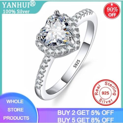 YANHUI New Fashion Crystal Heart Shaped Wedding Rings Womens Zircon Engagement Rings Glamour Jewelry Silver Rings for Girl R146