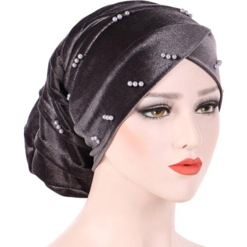 Pleated Velvet Turban With Beads Long Women Baggy Chemo Cap Sleeping Headwrap