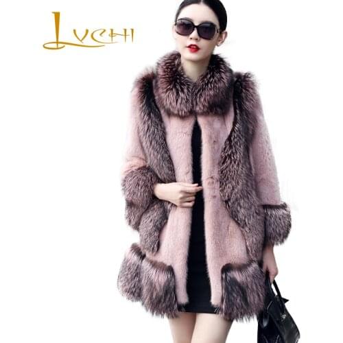 LVCHI Winter 2019 Import Real Mink Fur Coats Pink Womens Natural Fur Medium With Fox Fur Collar Fox Warm Causal Mink Coats